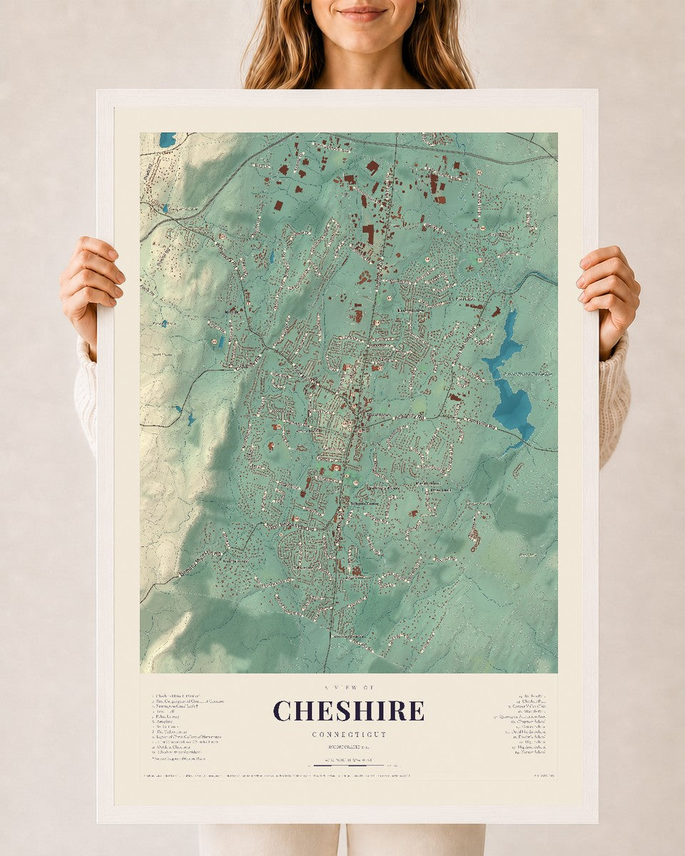 Cheshire, Connecticut map print, 24" x 36", W/ White Ayous Wood Frame