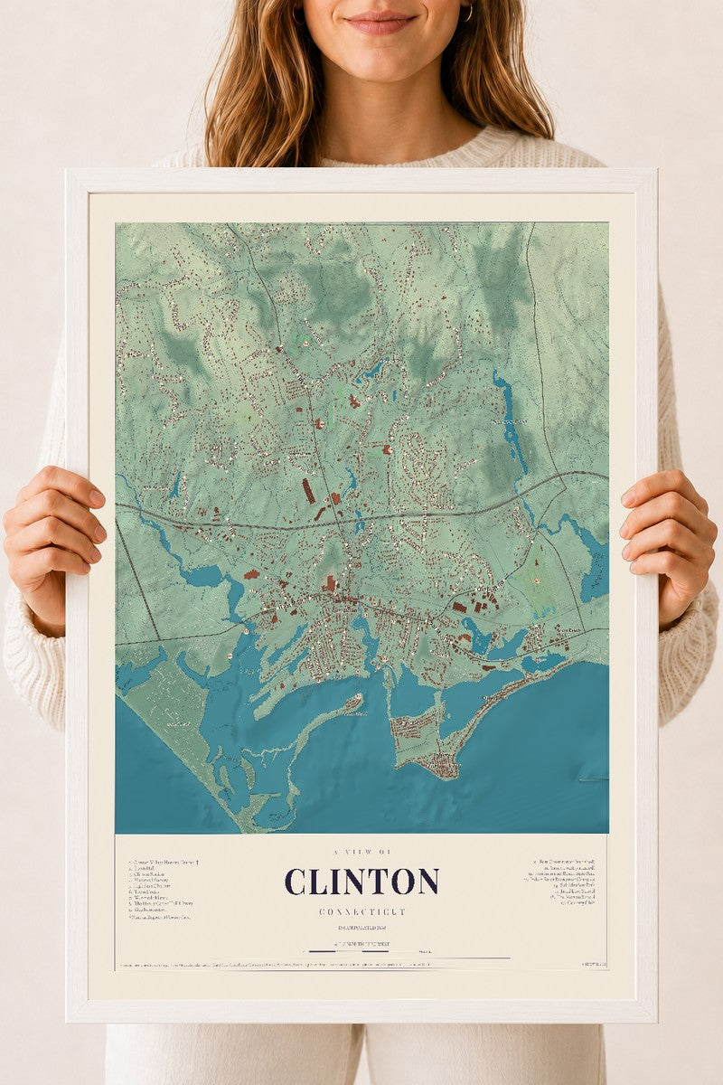 Clinton, Connecticut map print, 18" x 24", W/ White Ayous Wood Frame