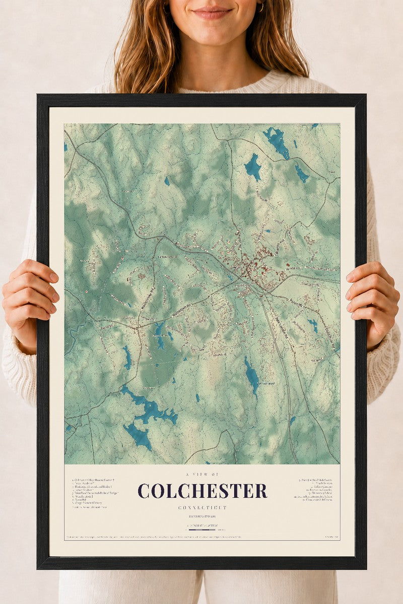 Colchester, Connecticut map print, 18" x 24", W/ Black Ayous Wood Frame