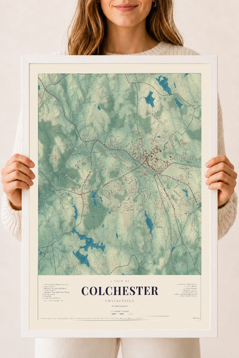Colchester, Connecticut map print, 18" x 24", W/ White Ayous Wood Frame