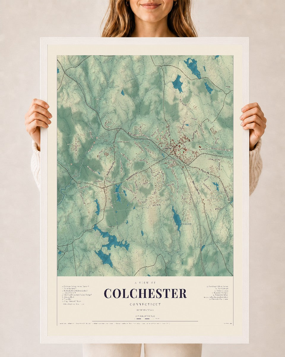 Colchester, Connecticut map print, 24" x 36", W/ White Ayous Wood Frame