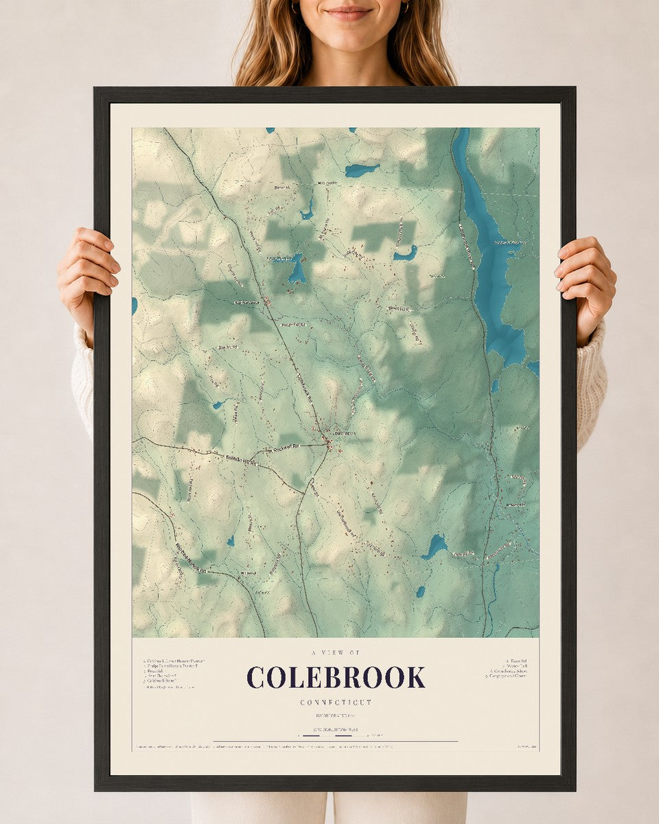 Colebrook, Connecticut map print, 24" x 36", W/ Black Ayous Wood Frame