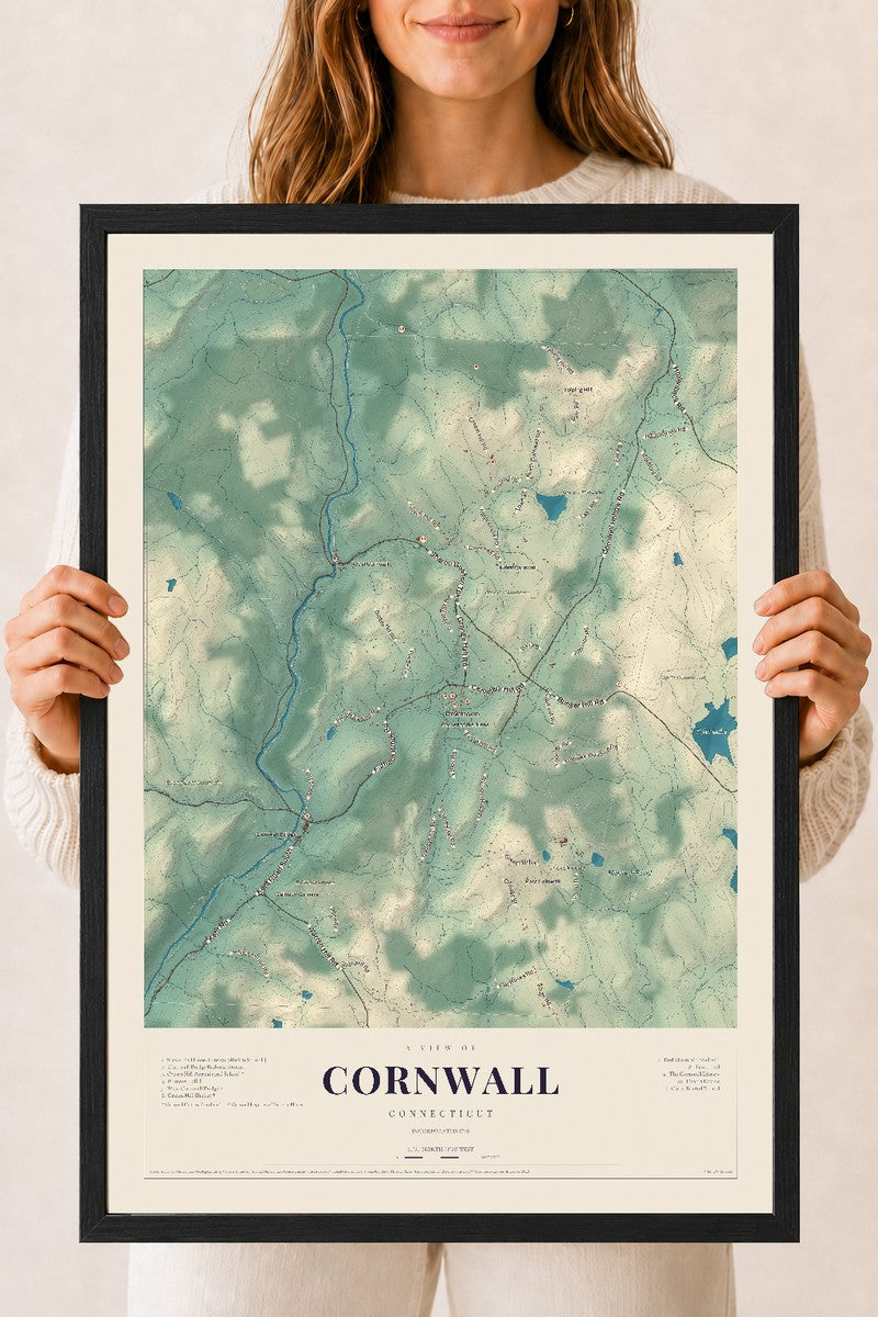 Cornwall, Connecticut map print, 18" x 24", W/ Black Ayous Wood Frame