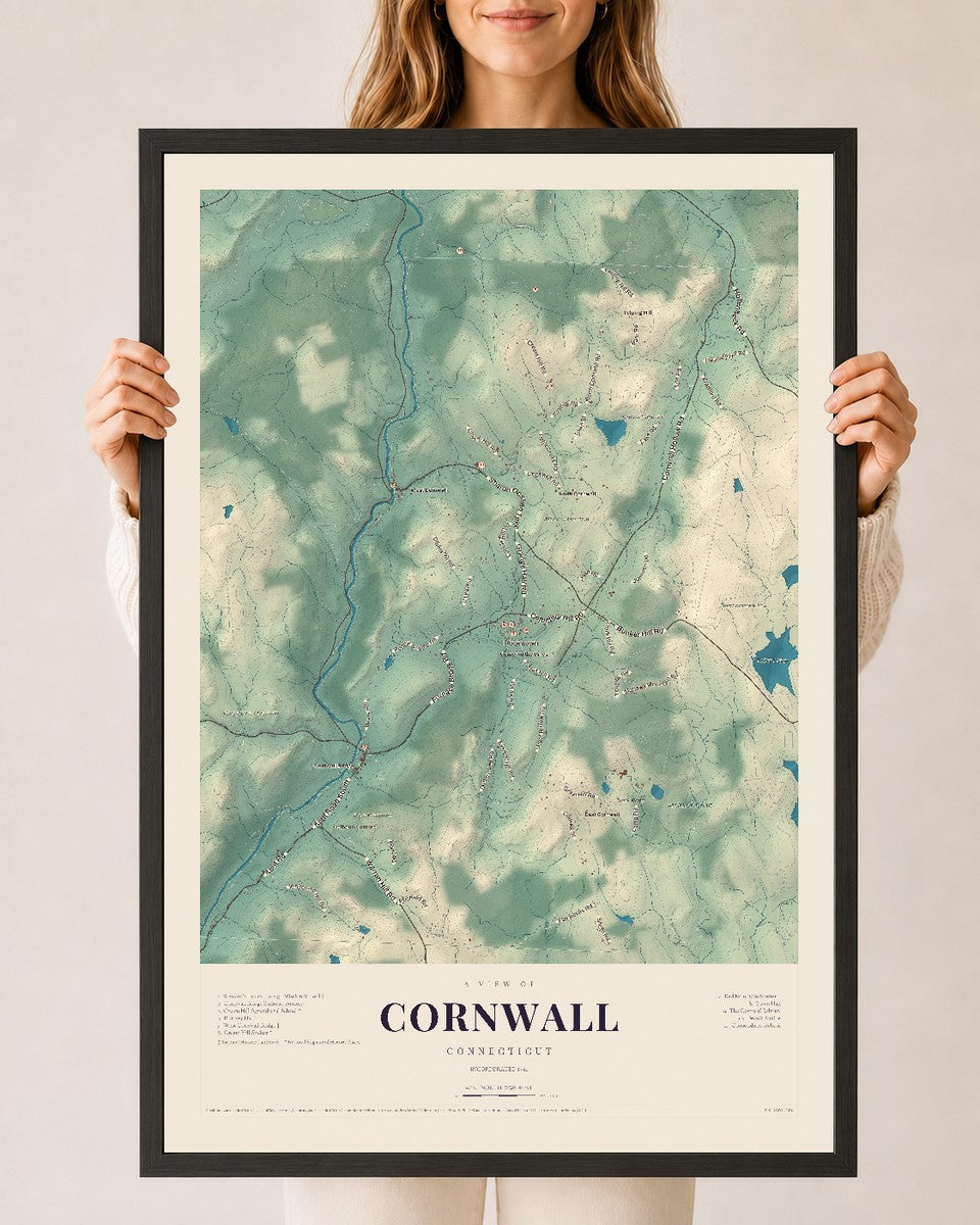 Cornwall, Connecticut map print, 24" x 36", W/ Black Ayous Wood Frame
