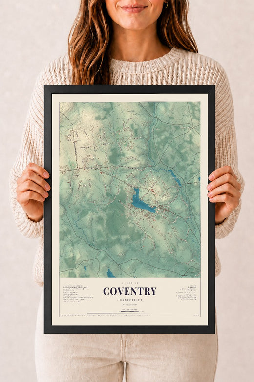 Map of Coventry, Connecticut, 12 x 18 inch print in a black wood frame