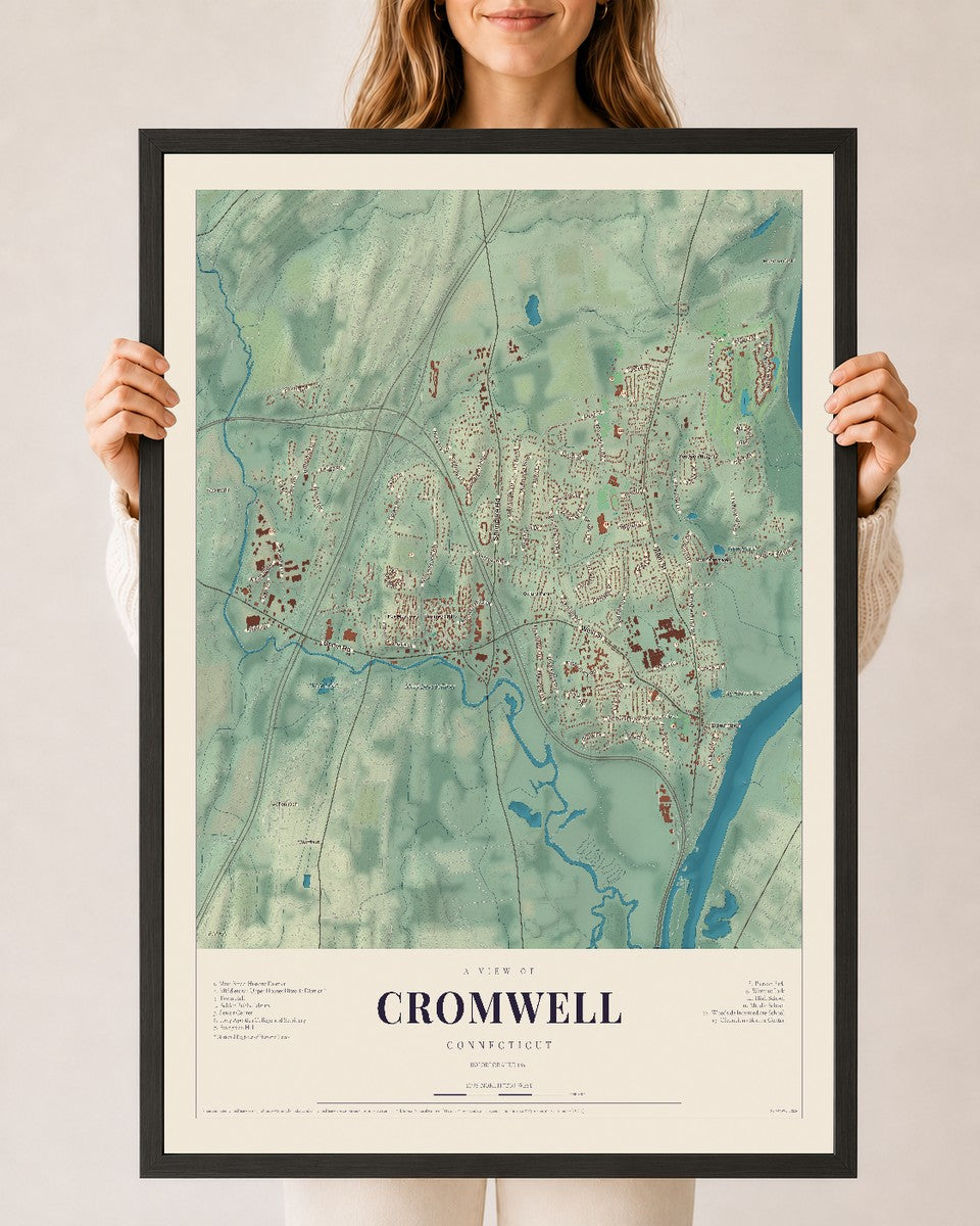Cromwell, Connecticut map print, 24" x 36", W/ Black Ayous Wood Frame