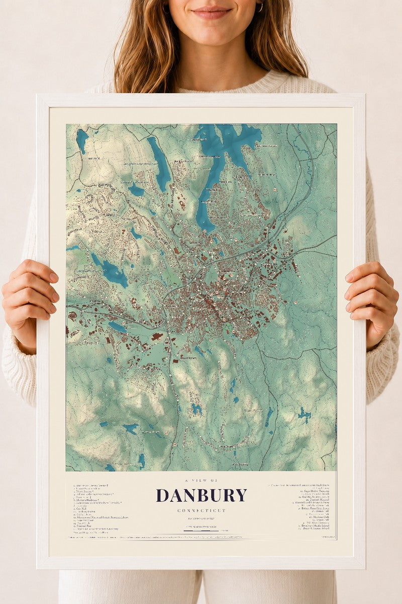 Danbury, Connecticut map print, 18" x 24", W/ White Ayous Wood Frame