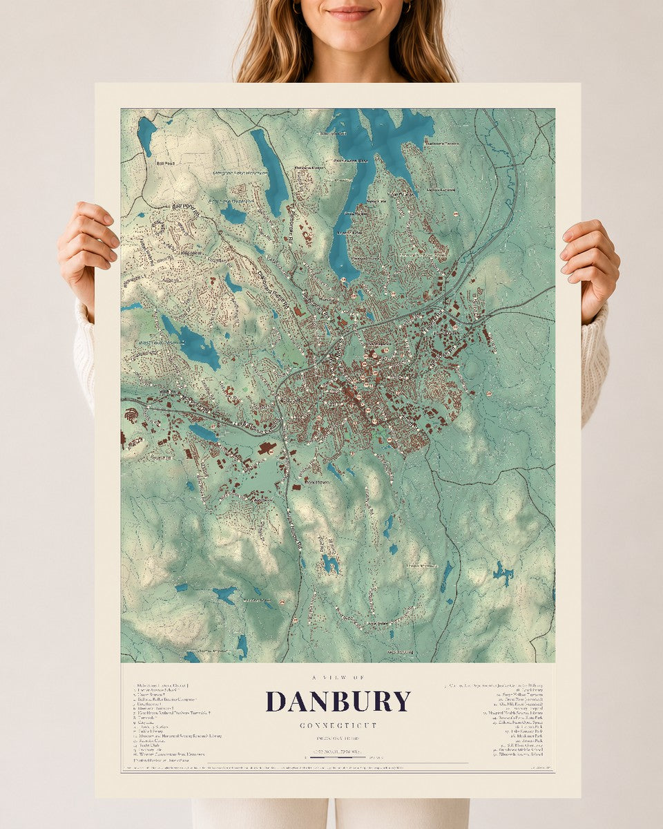 Danbury, Connecticut map print, 24" x 36", Archival Matte Print