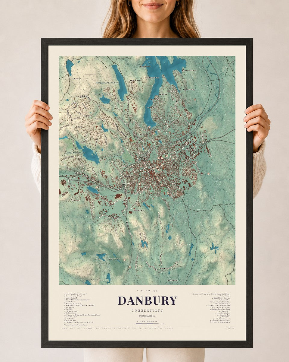 Danbury, Connecticut map print, 24" x 36", W/ Black Ayous Wood Frame