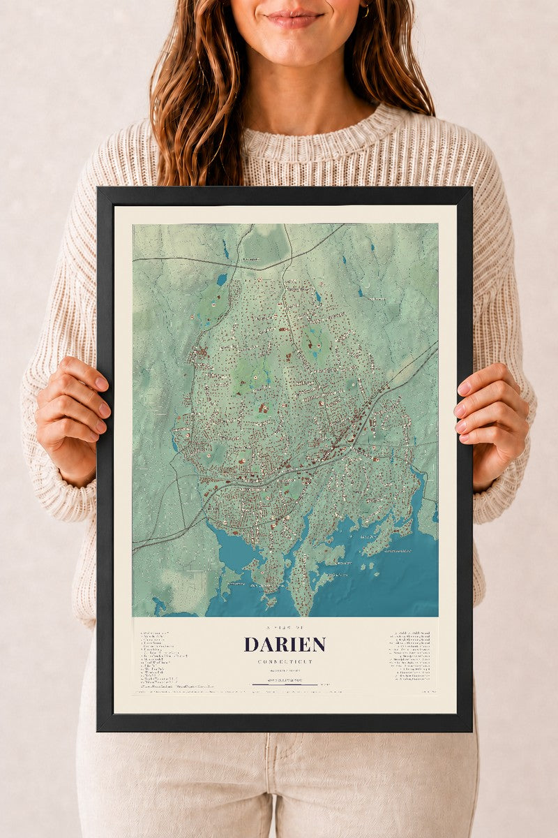 Darien, Connecticut map print, 12" x 18", W/ Black Ayous Wood Frame