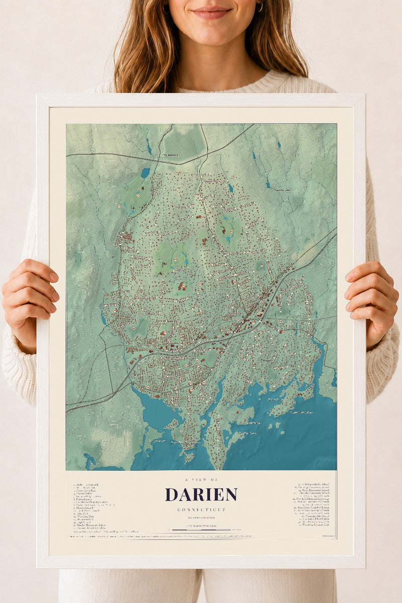 Darien, Connecticut map print, 18" x 24", W/ White Ayous Wood Frame