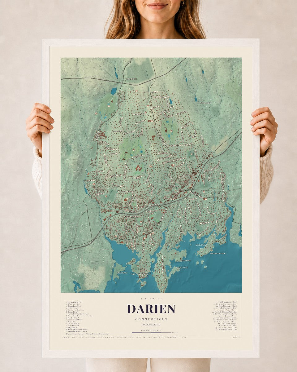 Darien, Connecticut map print, 24" x 36", W/ White Ayous Wood Frame