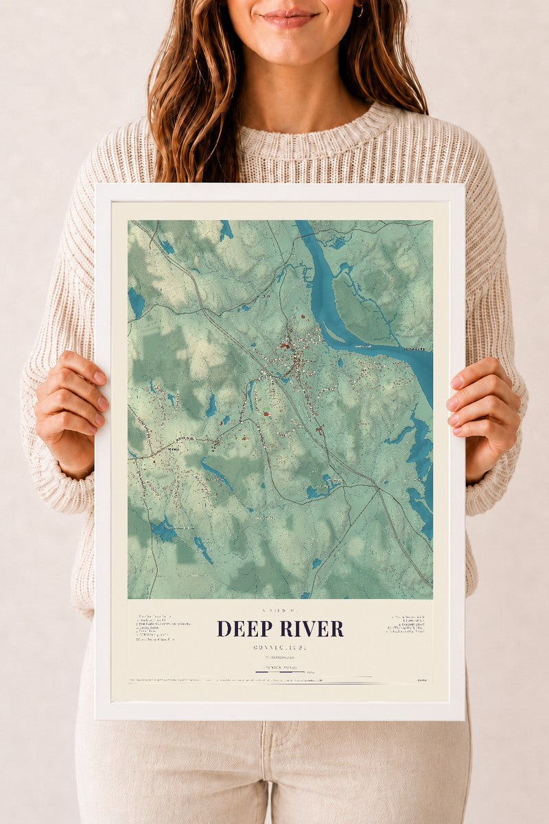Deep River, Connecticut map print, 12" x 18", W/ White Ayous Wood Frame
