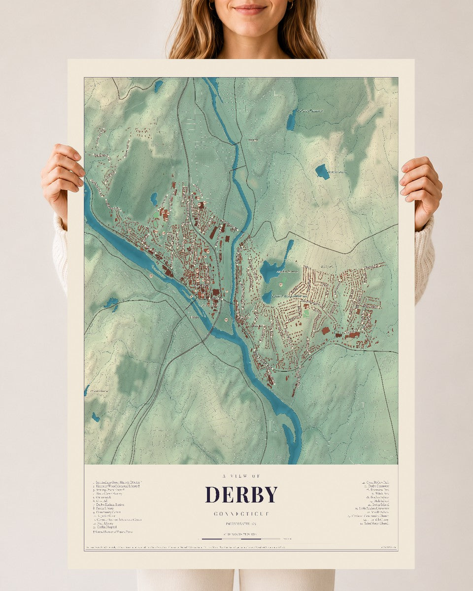 Derby, Connecticut map print, 24" x 36", Archival Matte Print