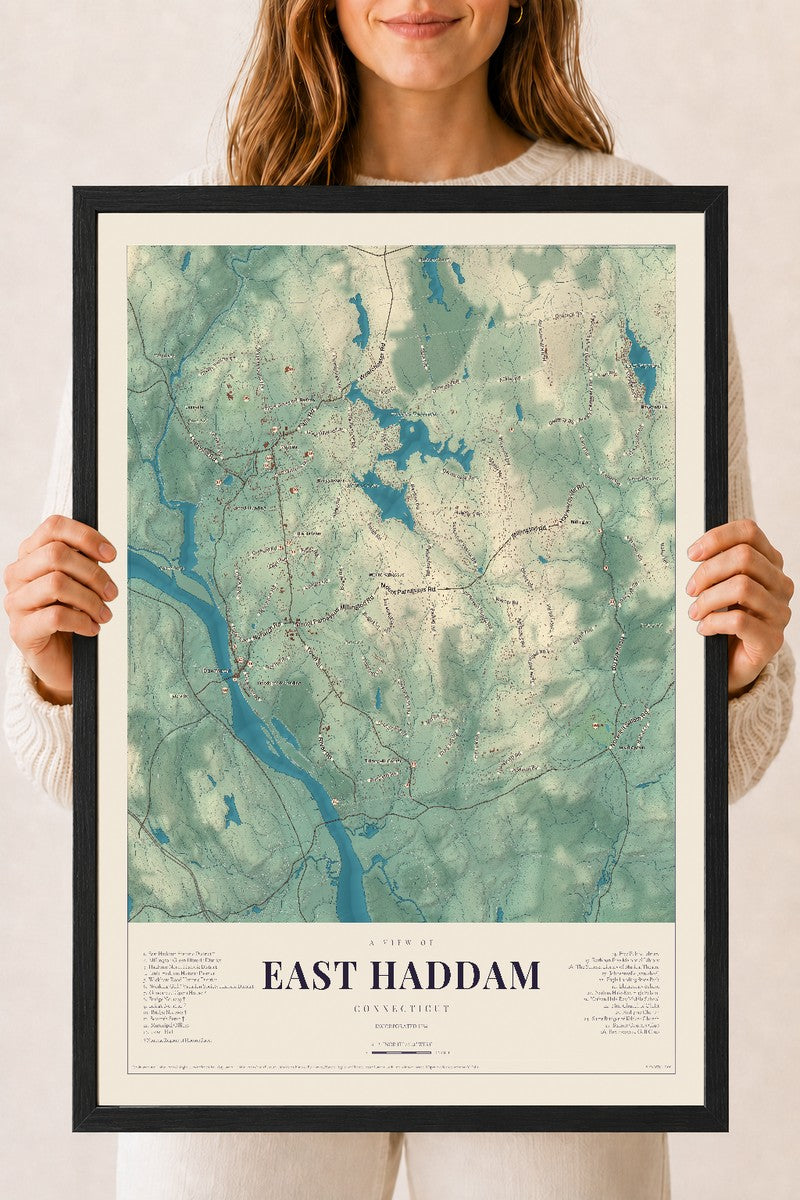 East Haddam, Connecticut map print, 18" x 24", W/ Black Ayous Wood Frame