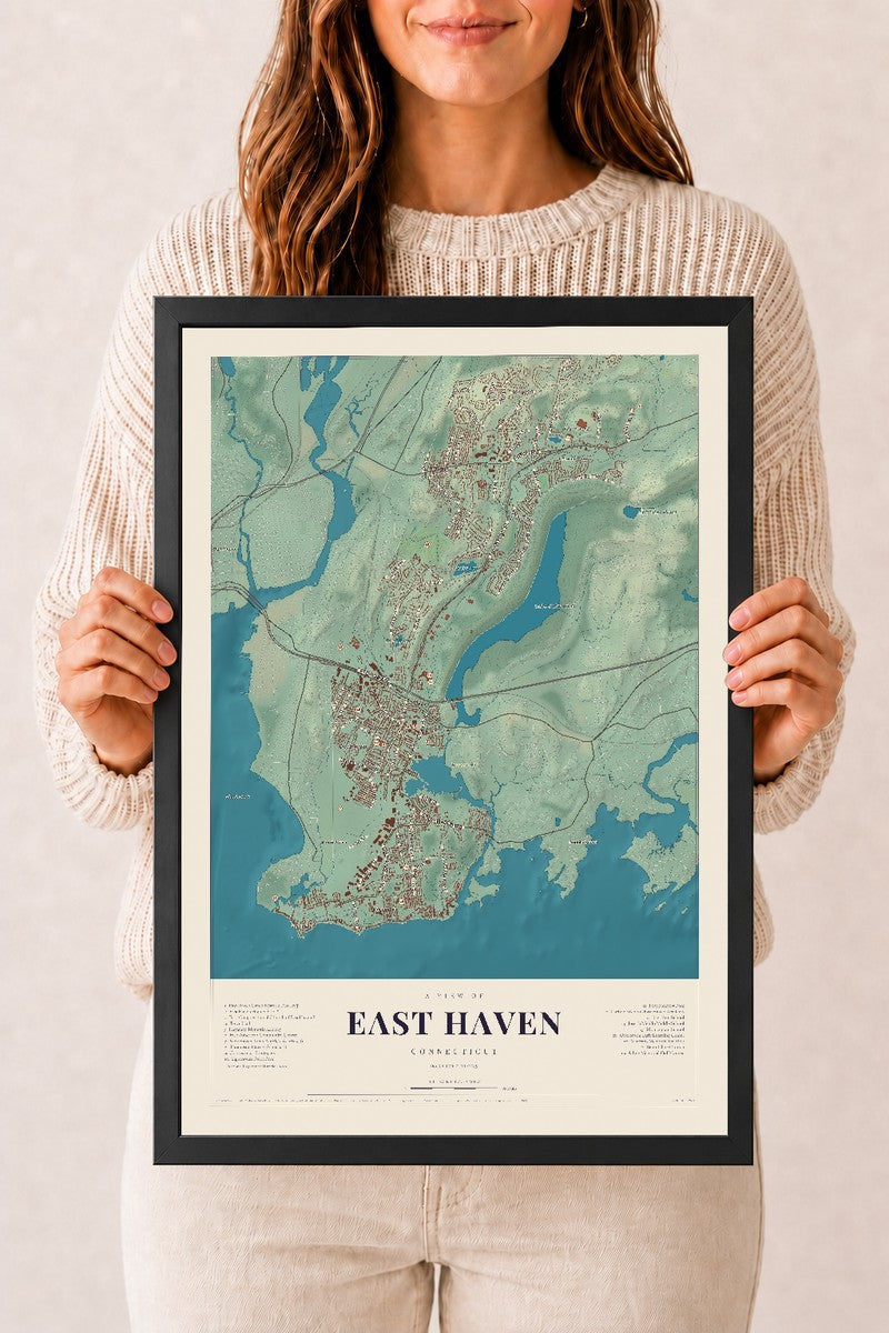 East Haven, Connecticut map print, 12" x 18", W/ Black Ayous Wood Frame