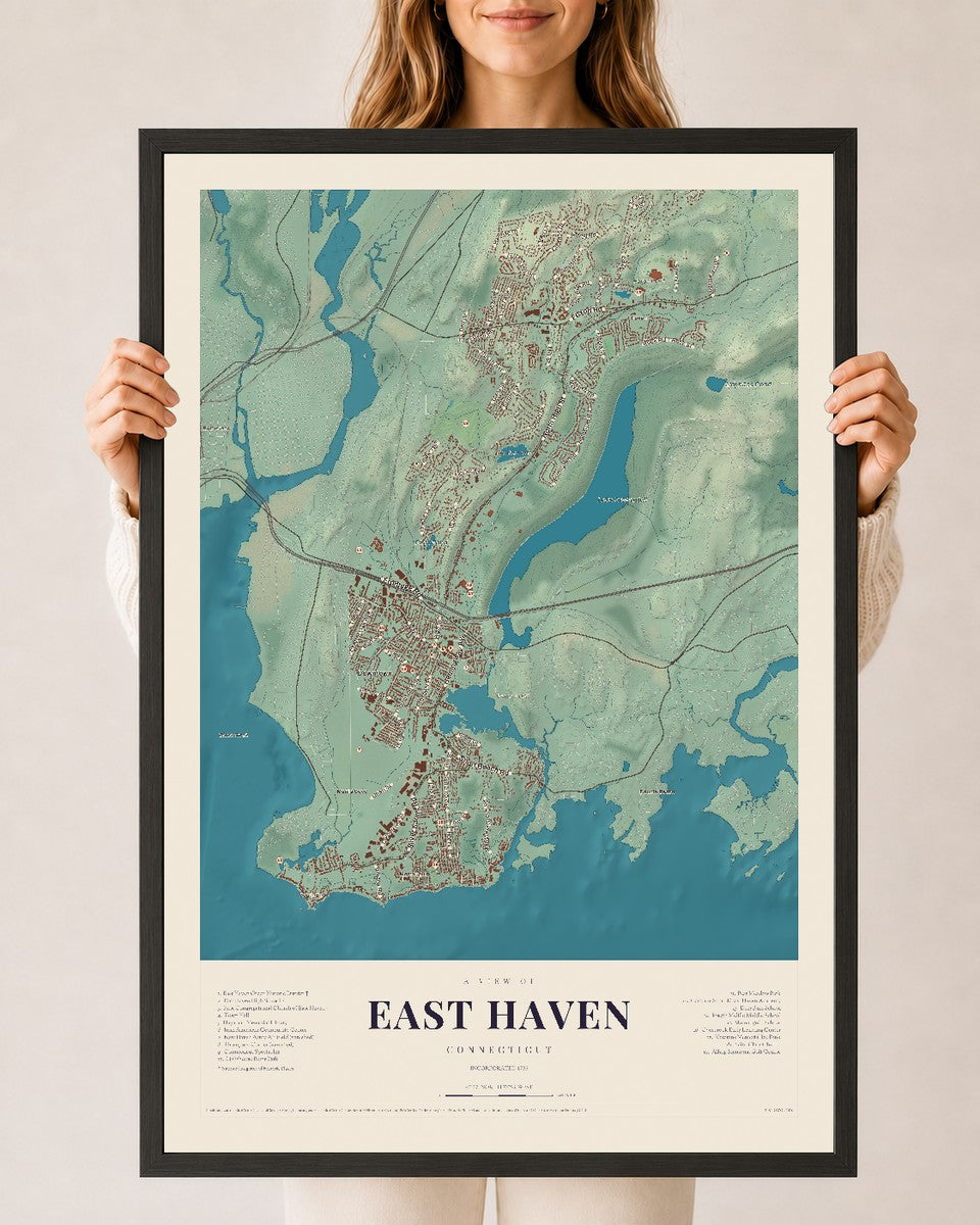 East Haven, Connecticut map print, 24" x 36", W/ Black Ayous Wood Frame