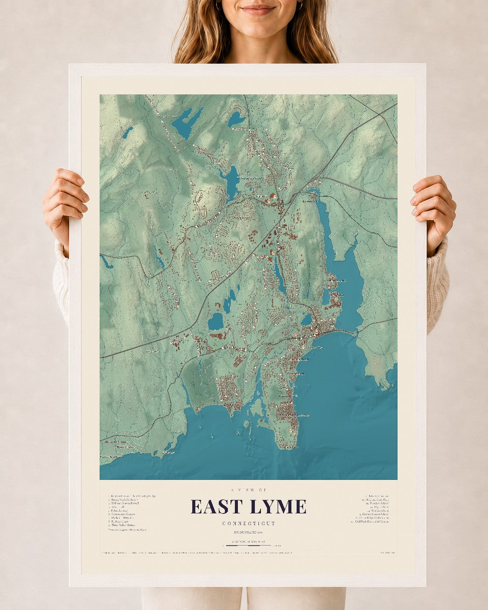 East Lyme, Connecticut map print, 24" x 36", W/ White Ayous Wood Frame