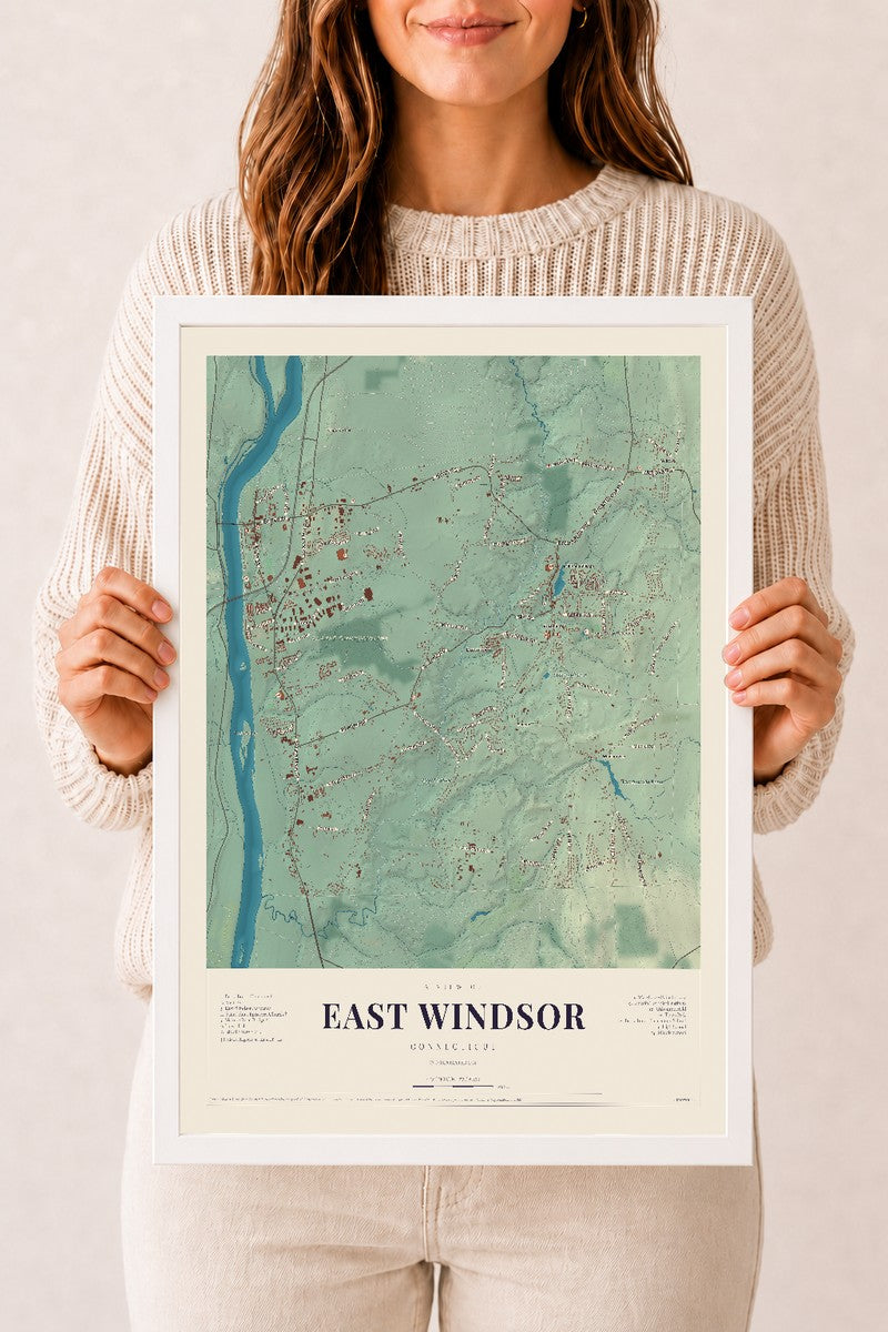 East Windsor, Connecticut map print, 12" x 18", W/ White Ayous Wood Frame