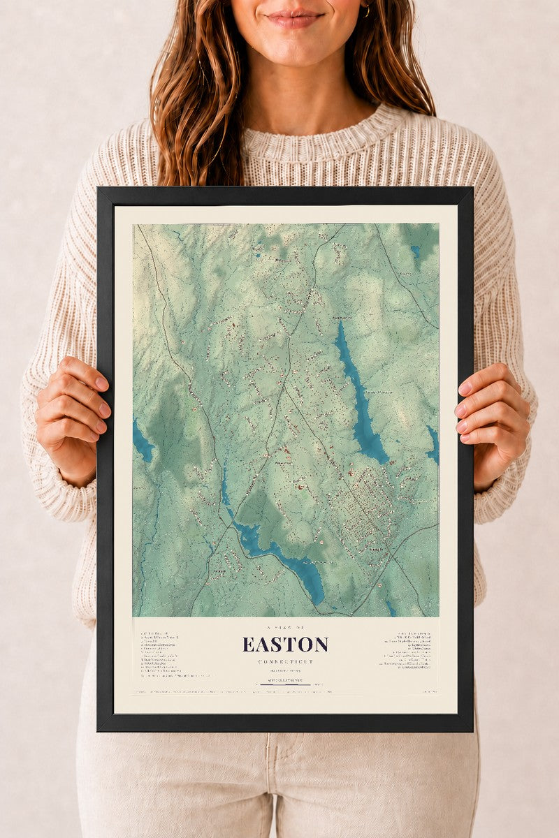 Easton, Connecticut map print, 12" x 18", W/ Black Ayous Wood Frame