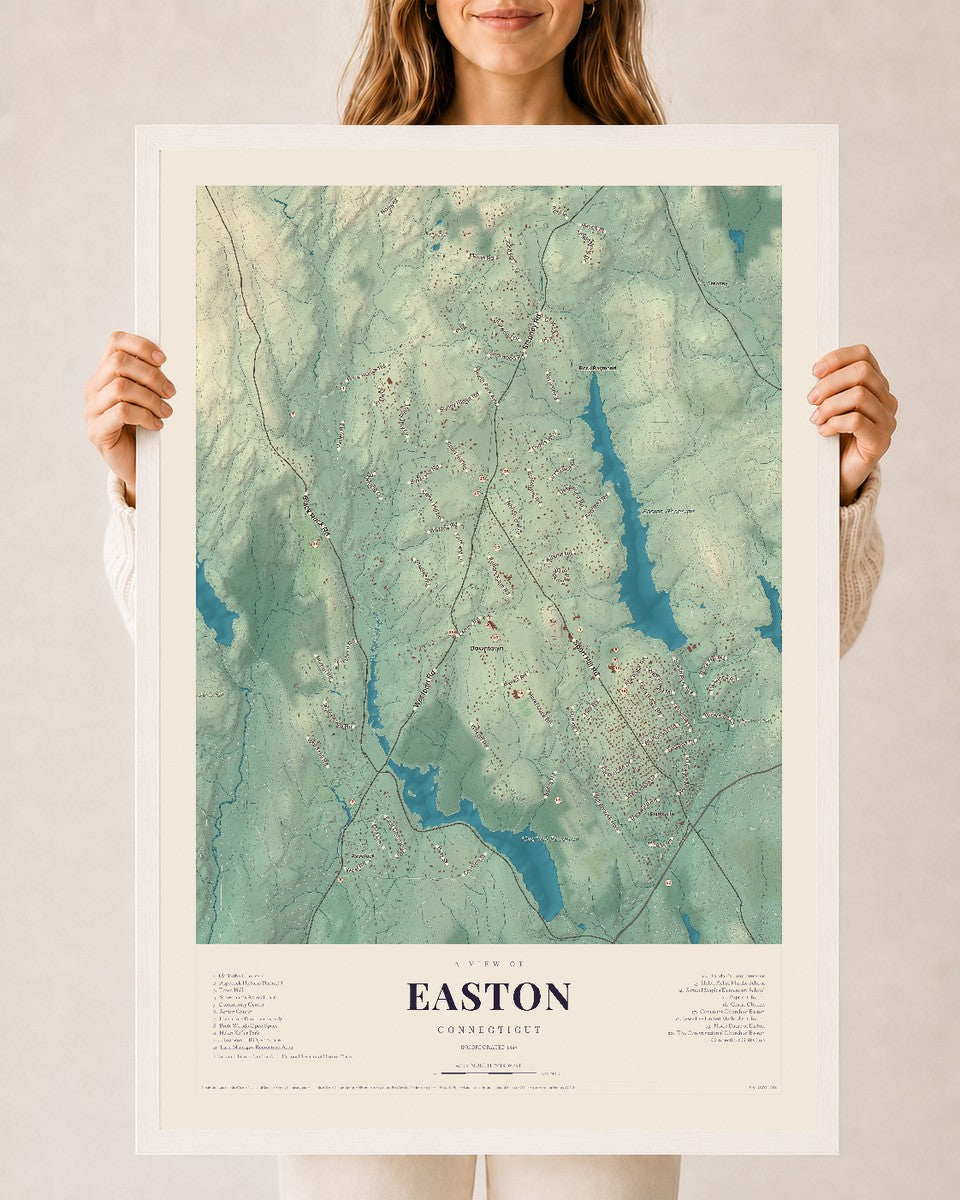 Easton, Connecticut map print, 24" x 36", W/ White Ayous Wood Frame