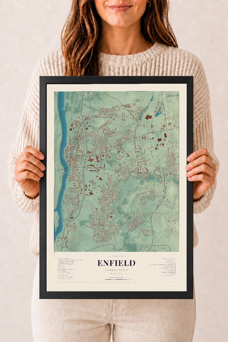 Enfield, Connecticut map print, 12" x 18", W/ Black Ayous Wood Frame
