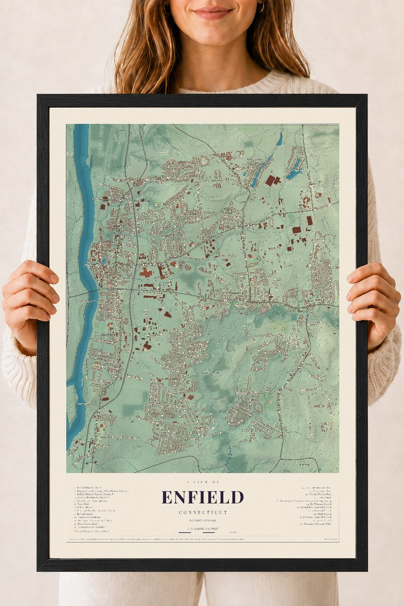 Enfield, Connecticut map print, 18" x 24", W/ Black Ayous Wood Frame