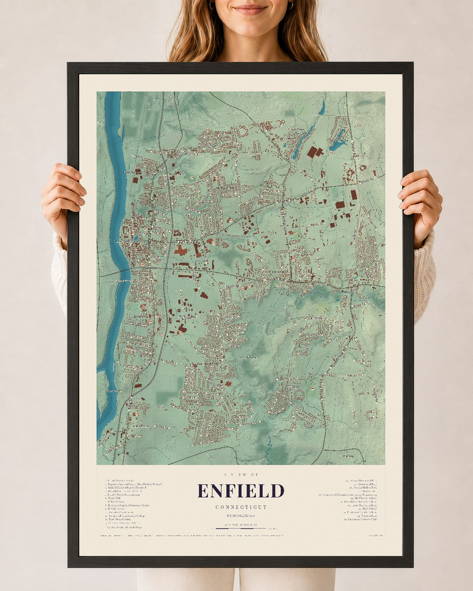Enfield, Connecticut map print, 24" x 36", W/ Black Ayous Wood Frame