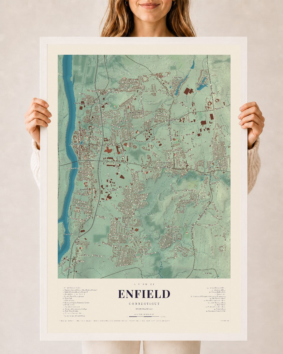Enfield, Connecticut map print, 24" x 36", W/ White Ayous Wood Frame