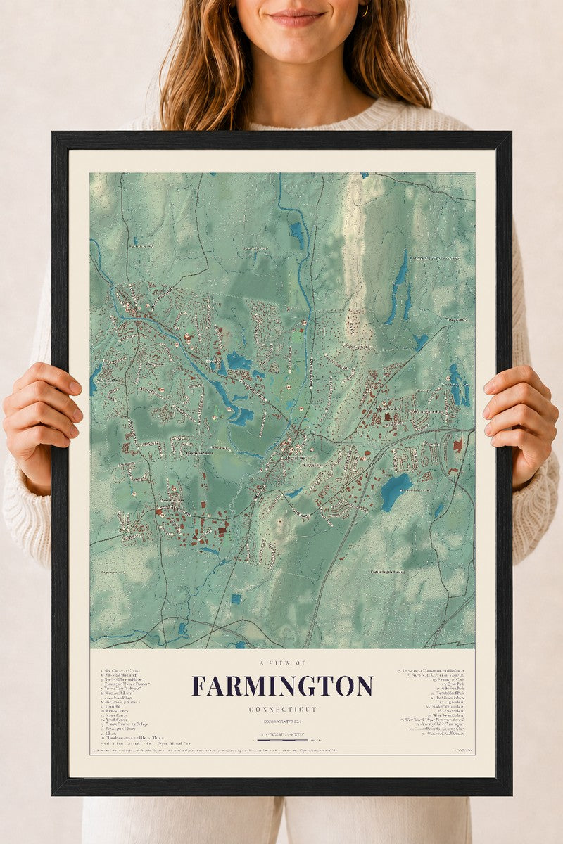 Farmington, Connecticut map print, 18" x 24", W/ Black Ayous Wood Frame