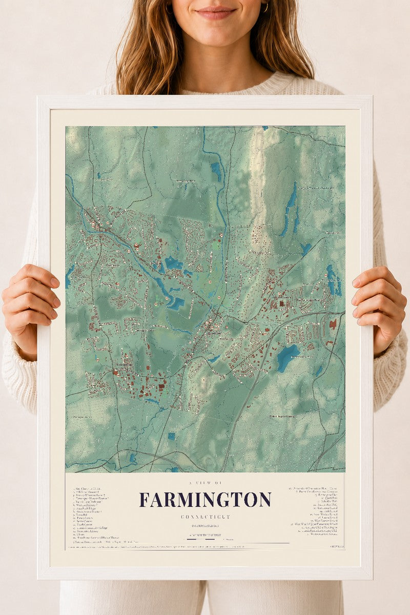 Farmington, Connecticut map print, 18" x 24", W/ White Ayous Wood Frame