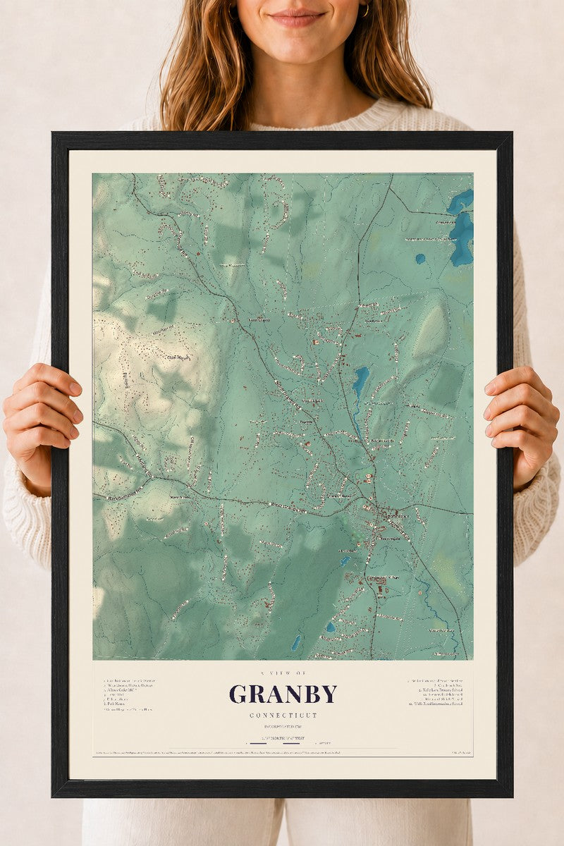 Granby, Connecticut map print, 18" x 24", W/ Black Ayous Wood Frame