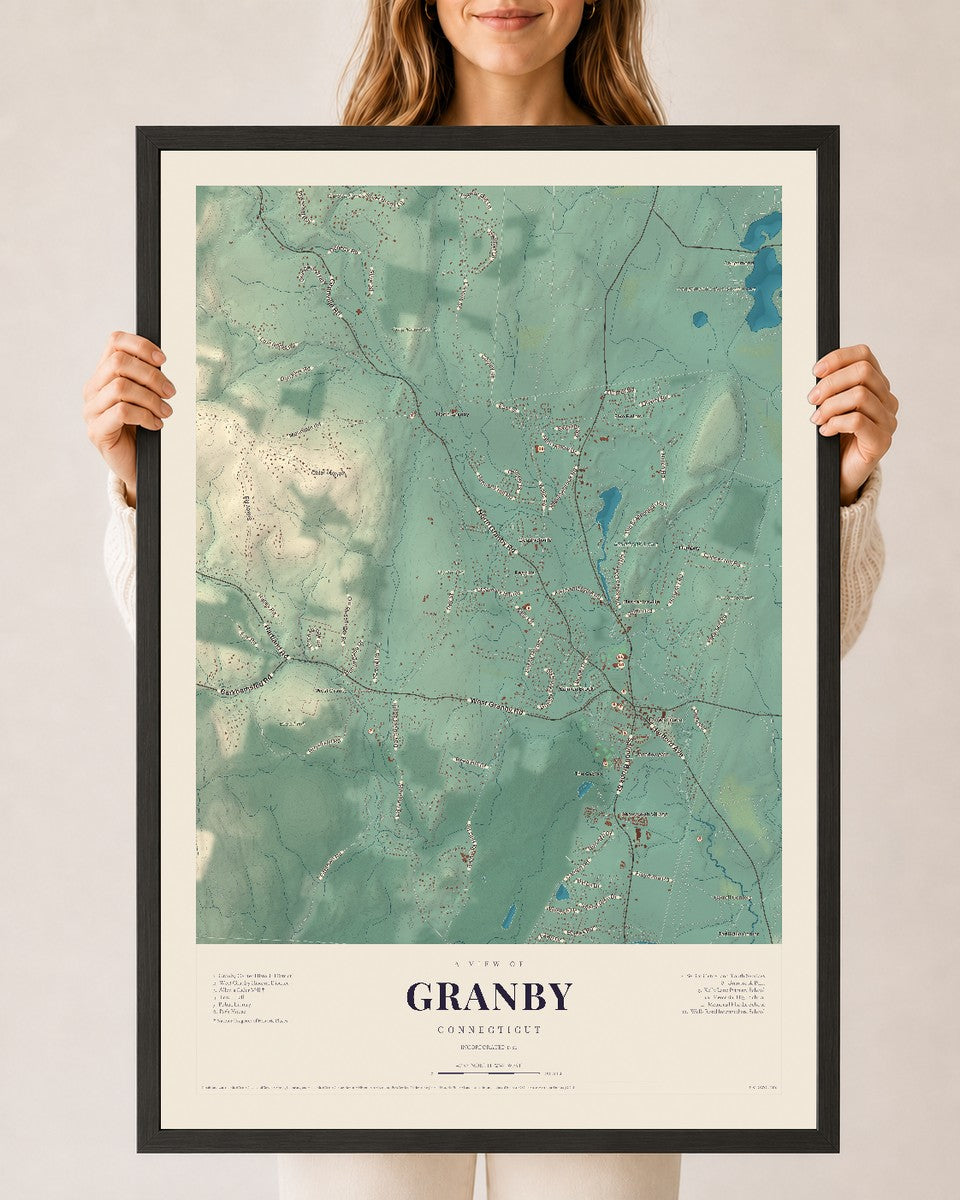 Granby, Connecticut map print, 24" x 36", W/ Black Ayous Wood Frame