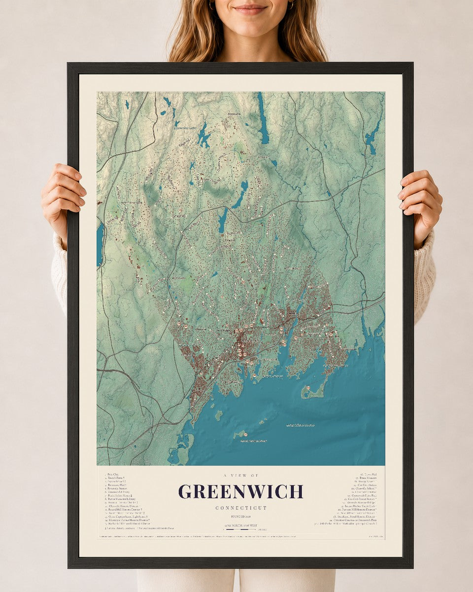 Map of Greenwich, Connecticut, 24 x 36 inch print in a black wood frame