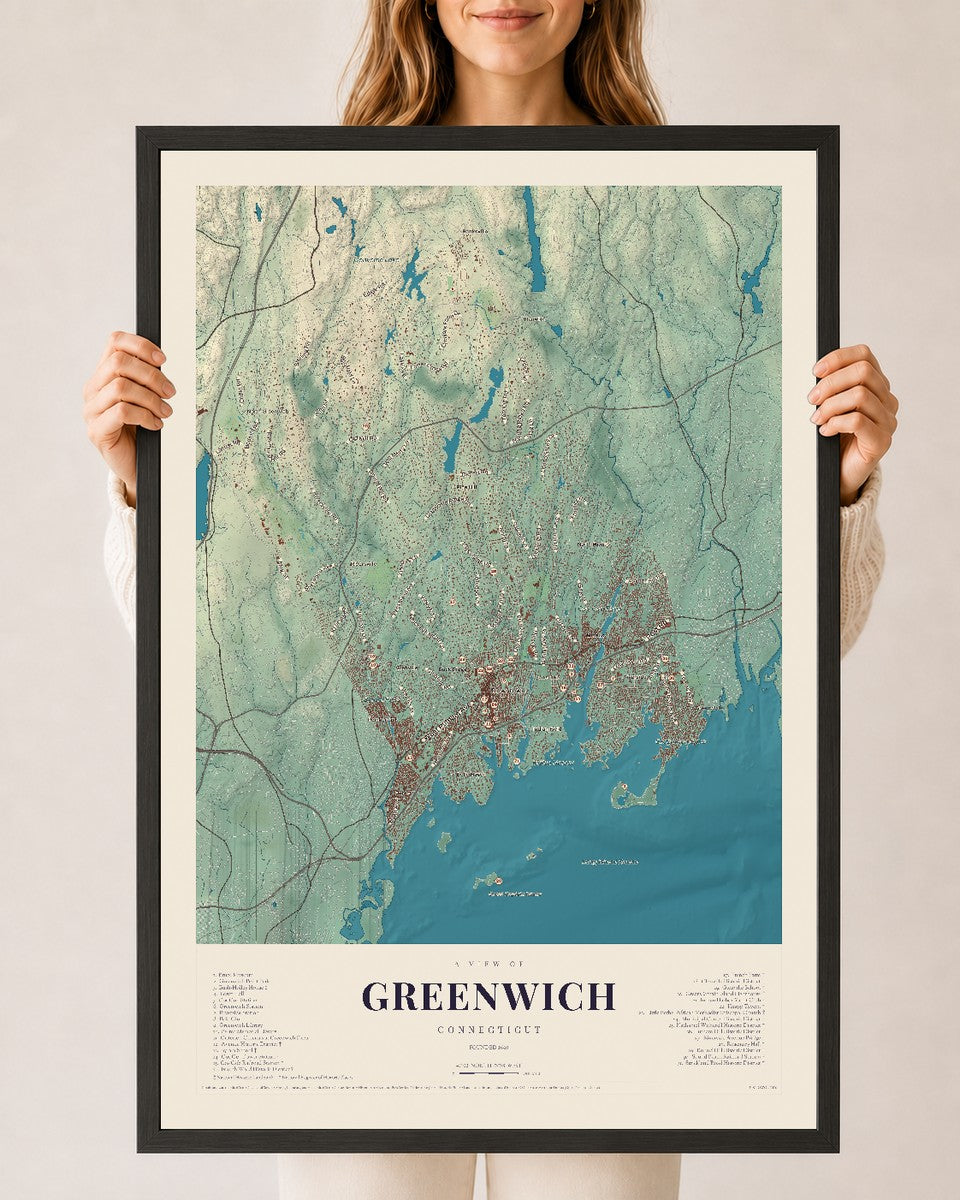 Greenwich, Connecticut map print, 24" x 36", W/ Black Ayous Wood Frame