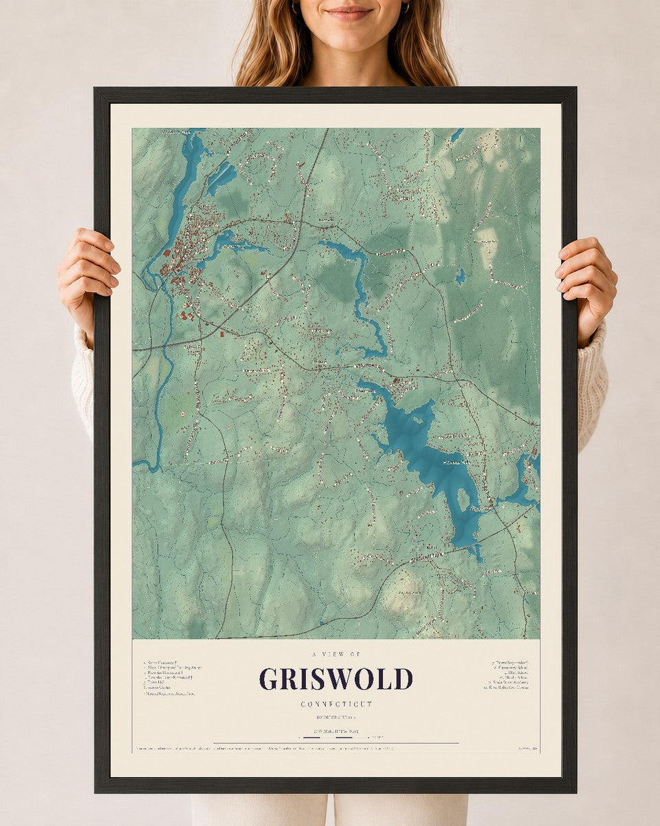 Griswold, Connecticut map print, 24" x 36", W/ Black Ayous Wood Frame