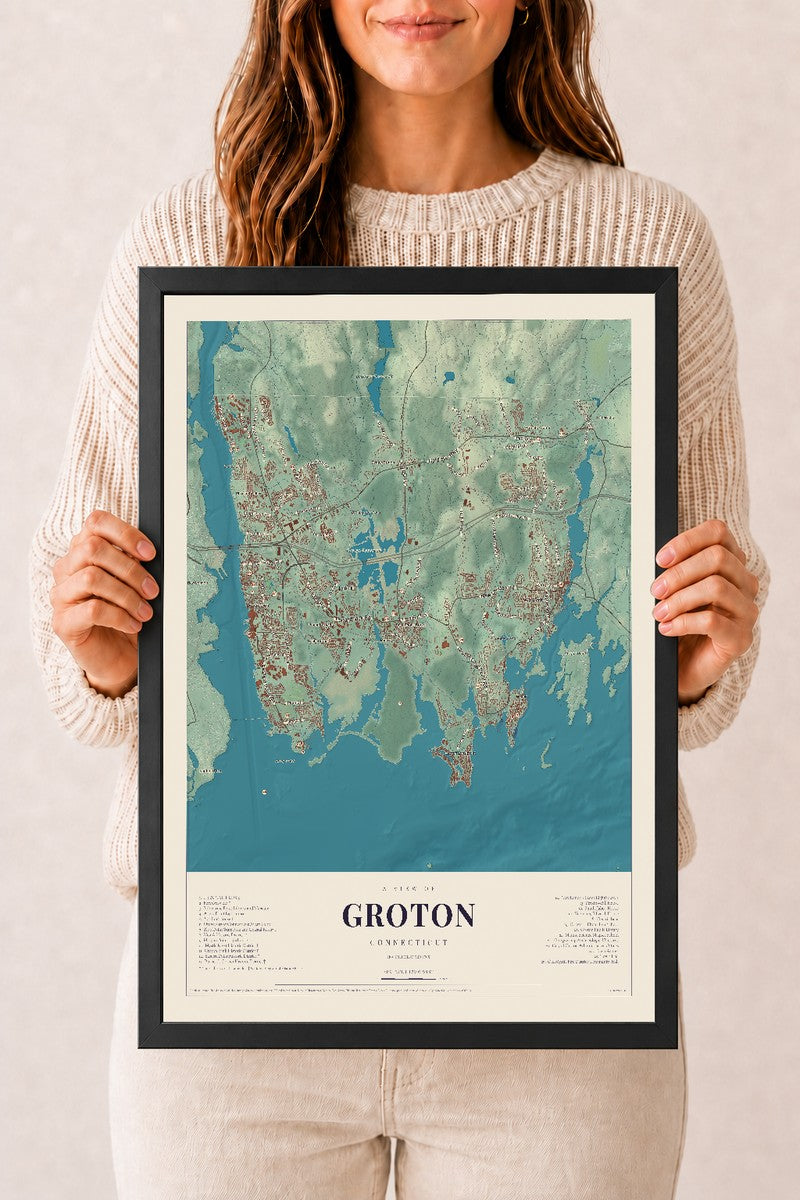 Groton, Connecticut map print, 12" x 18", W/ Black Ayous Wood Frame
