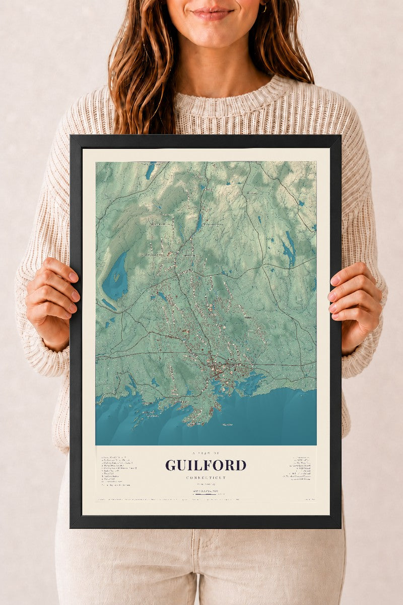 Guilford, Connecticut map print, 12" x 18", W/ Black Ayous Wood Frame