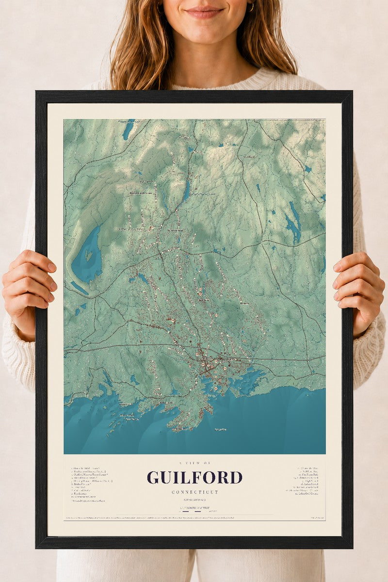 Guilford, Connecticut map print, 18" x 24", W/ Black Ayous Wood Frame