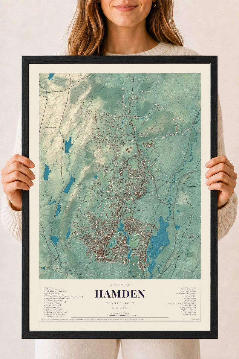 Hamden, Connecticut map print, 18" x 24", W/ Black Ayous Wood Frame