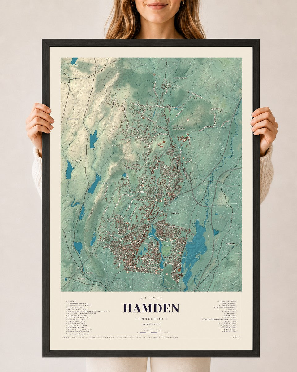 Hamden, Connecticut map print, 24" x 36", W/ Black Ayous Wood Frame