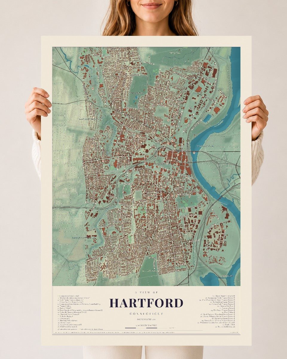 Hartford, Connecticut map print, 24" x 36", Archival Matte Print