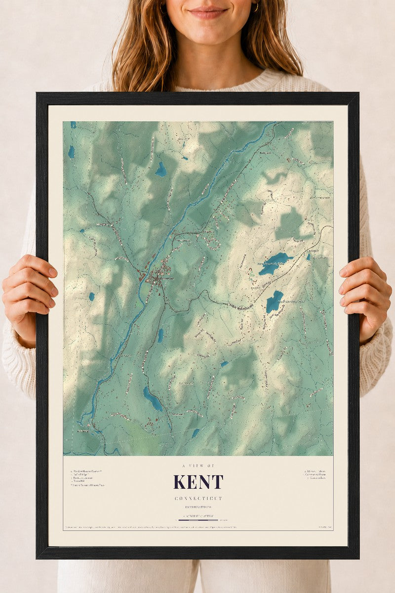 Kent, Connecticut map print, 18" x 24", W/ Black Ayous Wood Frame