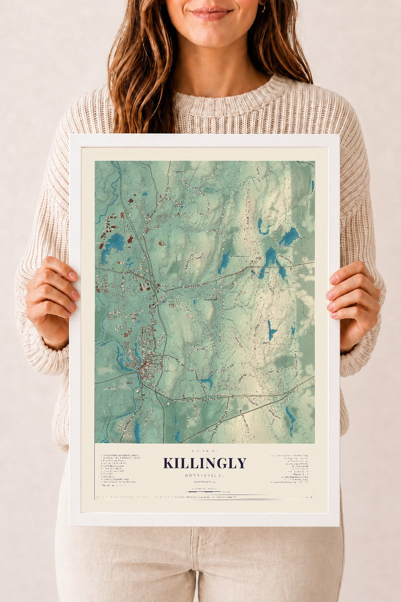 Killingly, Connecticut map print, 12" x 18", W/ White Ayous Wood Frame