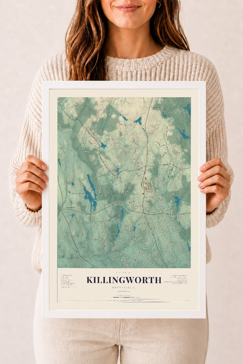 Killingworth, Connecticut map print, 12" x 18", W/ White Ayous Wood Frame