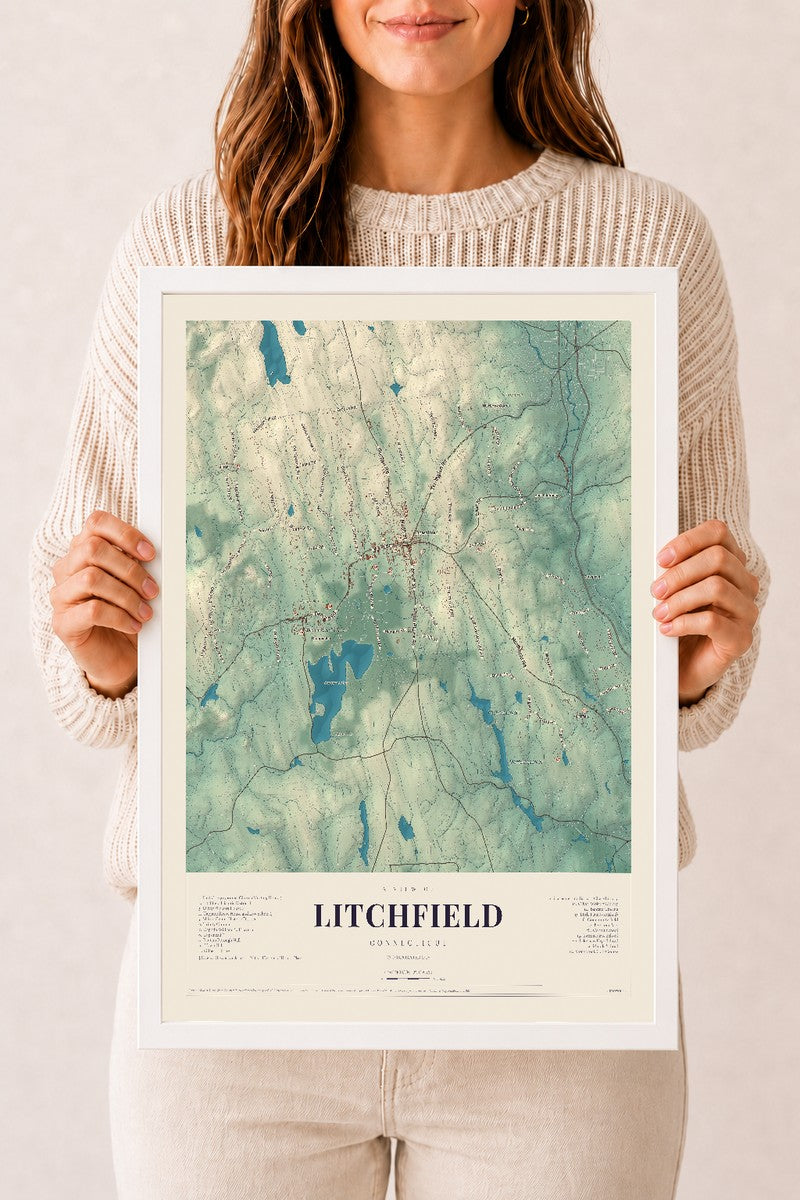 Litchfield, Connecticut map print, 12" x 18", W/ White Ayous Wood Frame