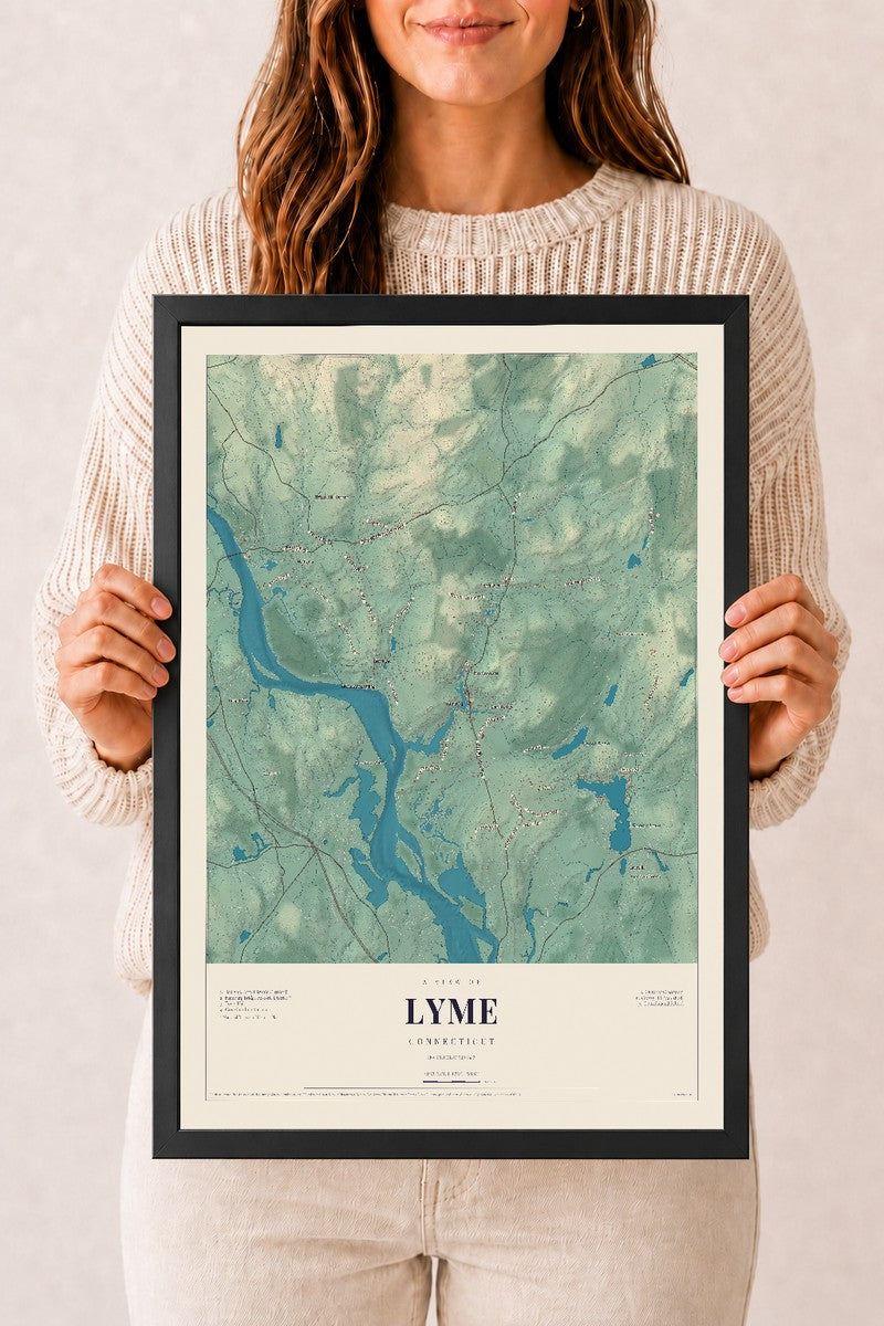 Lyme, Connecticut map print, 12" x 18", W/ Black Ayous Wood Frame