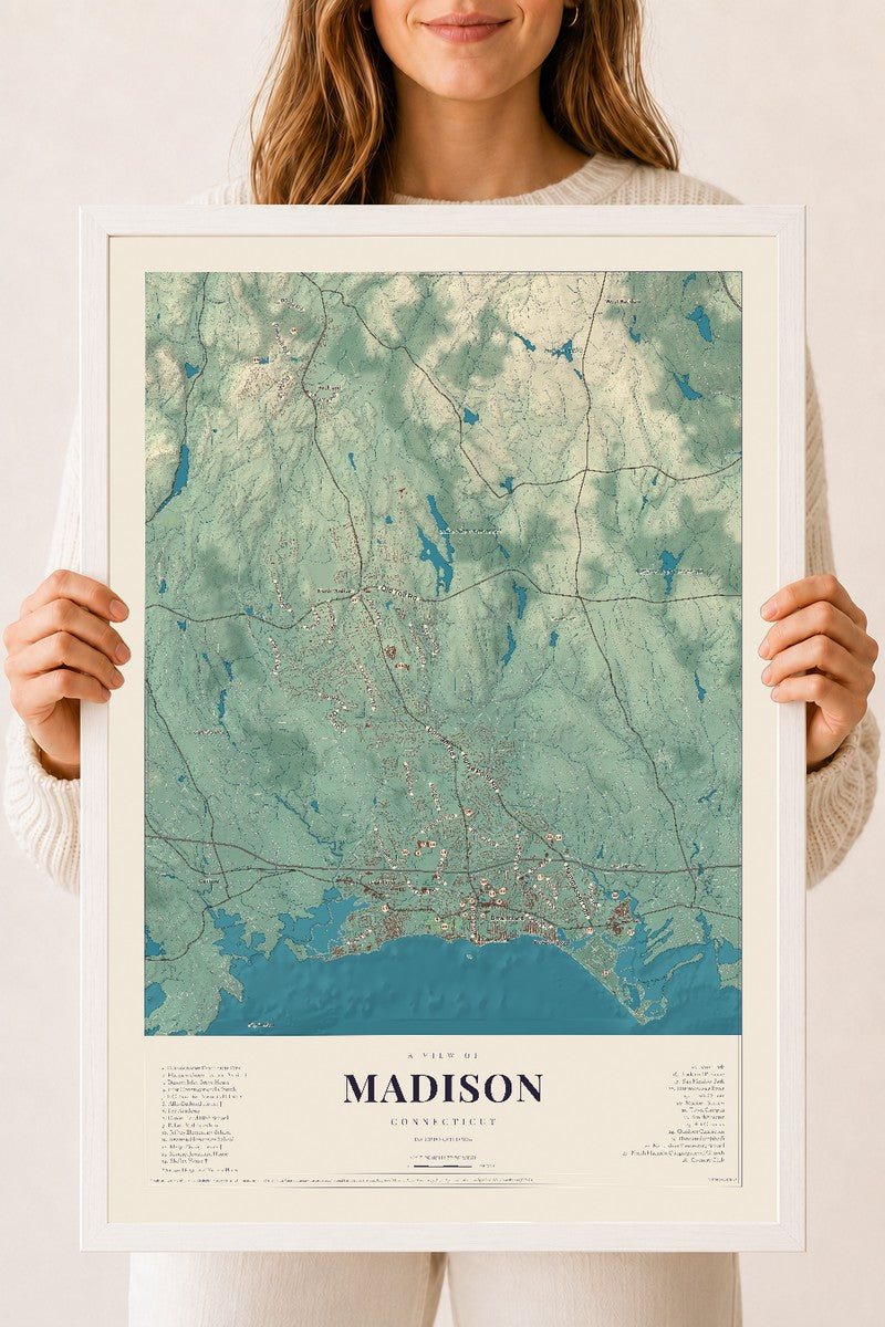 Madison, Connecticut map print, 18" x 24", W/ White Ayous Wood Frame