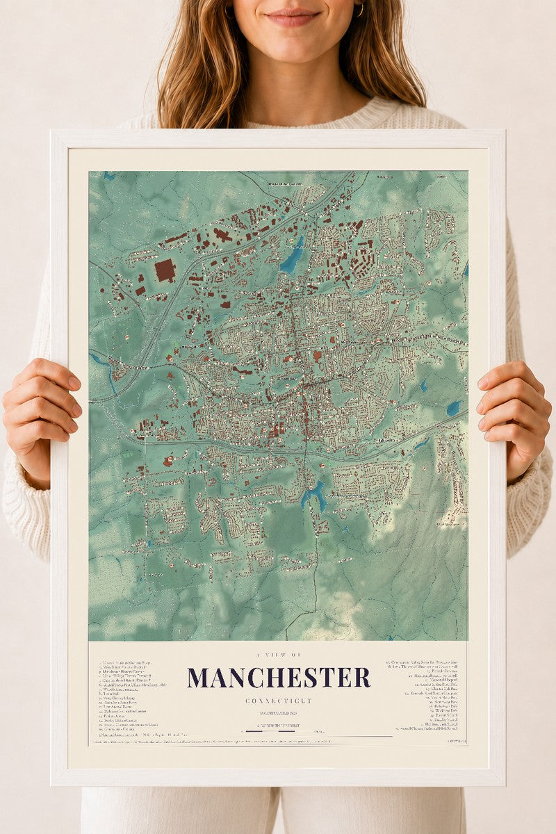 Manchester, Connecticut map print, 18" x 24", W/ White Ayous Wood Frame