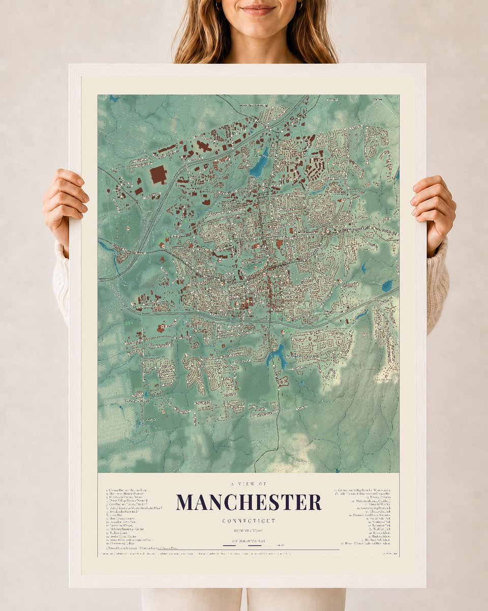 Manchester, Connecticut map print, 24" x 36", W/ White Ayous Wood Frame